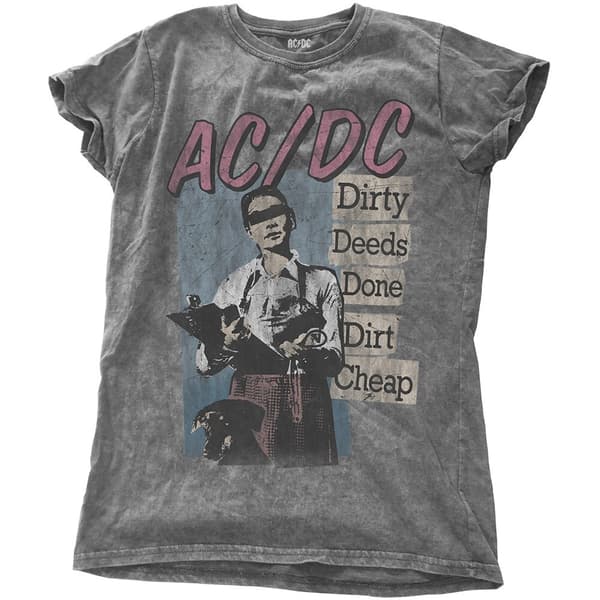 AC/DC Ladies Fashion Tee: Dirty Deeds Done Dirt Cheap with Snow Wash Finishing (Large)