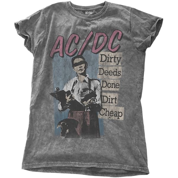 AC/DC Ladies Fashion Tee: Dirty Deeds Done Dirt Cheap with Snow Wash Finishing (Large)