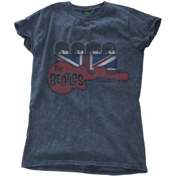 The Beatles Ladies Snow Wash T-Shirt: Guitar & Flag (Medium)