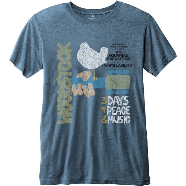 Woodstock Unisex Fashion Tee: Classic Vintage Poster with Burn Out Finishing (Large)