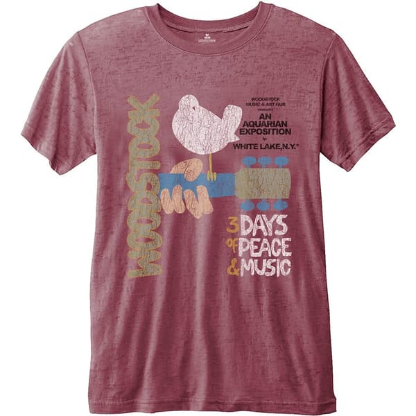 Woodstock Unisex Fashion Tee: Classic Vintage Poster with Burn Out Finishing (Small)