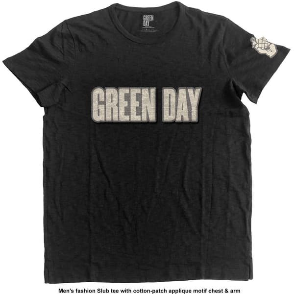Green Day Unisex Applique T-Shirt: Logo & Grenade (Large)
