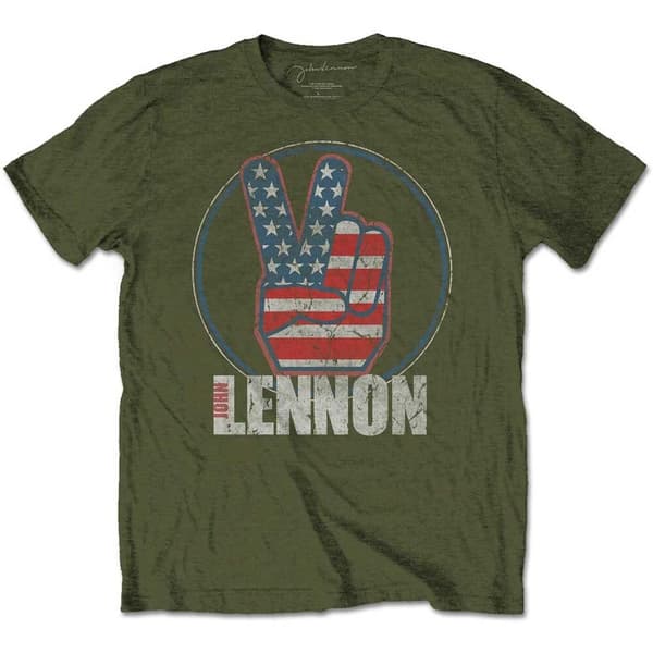John Lennon Unisex T-Shirt: Peace Fingers US Flag (Large)