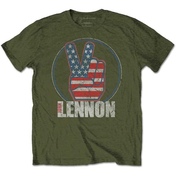 John Lennon Unisex T-Shirt: Peace Fingers US Flag (Large)