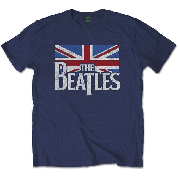 The Beatles Unisex T-Shirt: Drop T Logo & Vintage Flag (Medium)