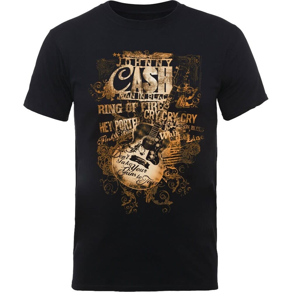 Johnny Cash Unisex T-Shirt: Guitar Song Titles (Small)