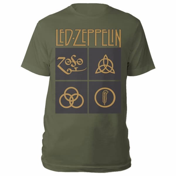 Led Zeppelin Unisex T-Shirt: Gold Symbols in Black Square (Small)