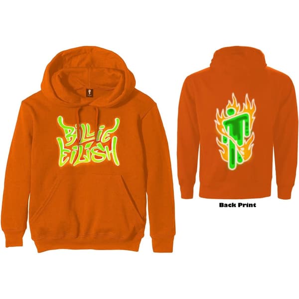Billie Eilish Unisex Pullover Hoodie: Airbrush Flames Blohsh (Back Print) (Medium)