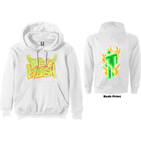 Billie Eilish Unisex Pullover Hoodie: Airbrush Flames Blohsh (Back Print) (X-Large)