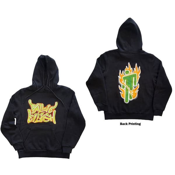 Billie Eilish Unisex Pullover Hoodie: Airbrush Flames Blohsh (Back Print) (XX-Large)