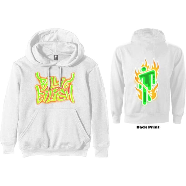Billie Eilish Unisex Pullover Hoodie: Airbrush Flames Blohsh (Back Print) (XX-Large)