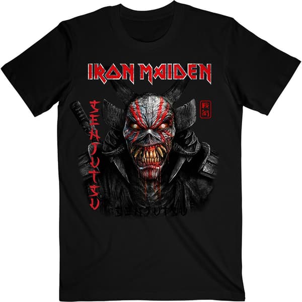 Iron Maiden Unisex T-Shirt: Senjutsu Black Cover Vertical Logo (Small)