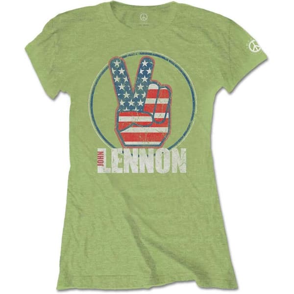 John Lennon Ladies T-Shirt: Peace Fingers US Flag (X-Large)