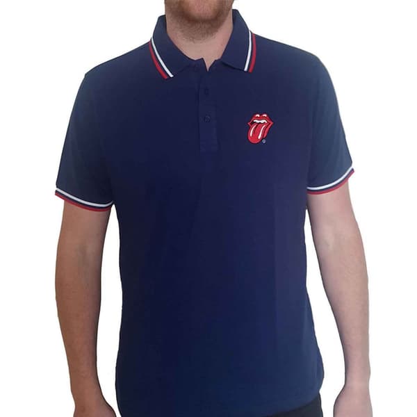 The Rolling Stones Polo Shirt Classic Tongue Official Mens Navy Blue Unisex M