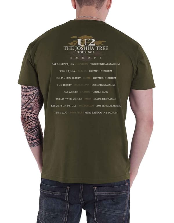 U2 T Shirt Joshua Tree Logo 2017 European Tour Official Mens Green ex Tour
