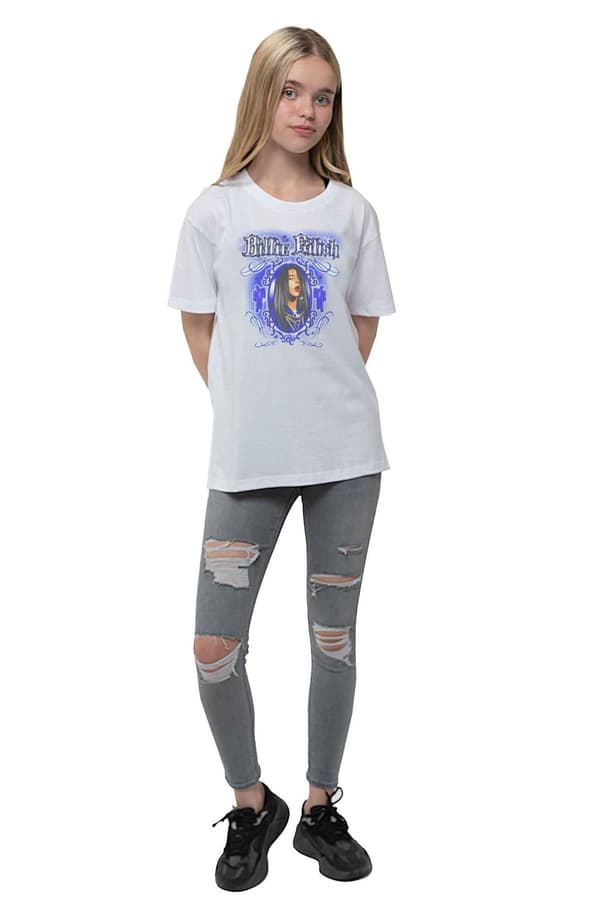Billie Eilish Kids T Shirt Airbrush Photo logo Official White (Ages 5-14 yrs)