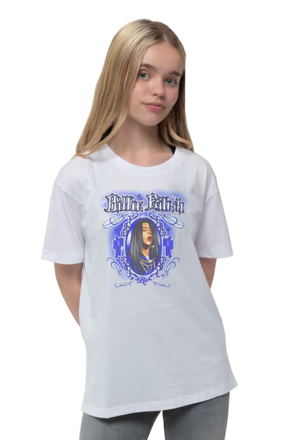 Billie Eilish Kids T Shirt Airbrush Photo logo Official White (Ages 5-14 yrs)