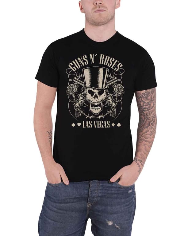 Guns N Roses T Shirt Top Hat Skull & Pistols Las Vegas Band Logo Official Unisex