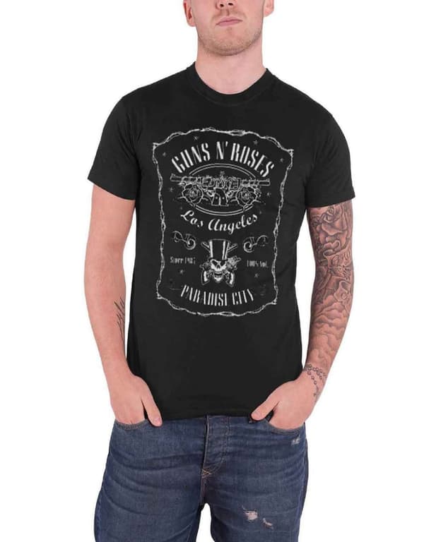 Guns N Roses T Shirt Paradise City Label Band Logo Official Mens Black Black M