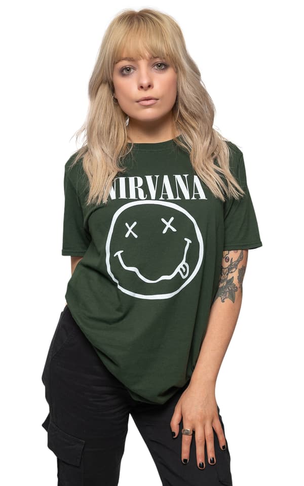Nirvana T Shirt White Smile Band Logo nevermind Official Dark Green Unisex Green XXL