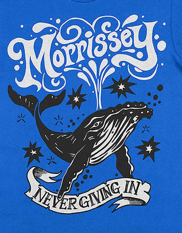 Morrissey T Shirt Never Giving In Whale Logo Official Mens Blue