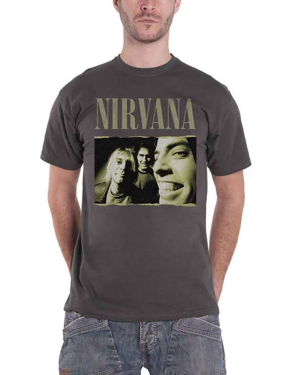 Nirvana T Shirt Torn Edge Band Shot Logo Official Mens Grey Grey XXL