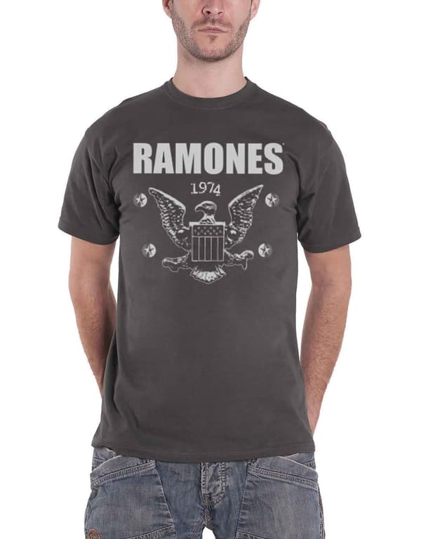 Ramones T Shirt 1974 Eagle Band Logo Official Mens Charcoal Grey