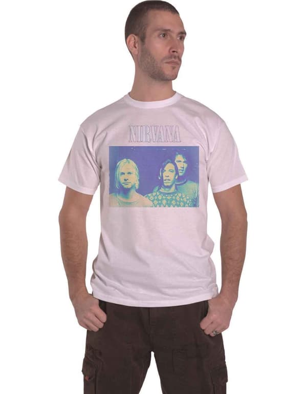 Nirvana T Shirt Eroded Band Shot Logo Official Mens White