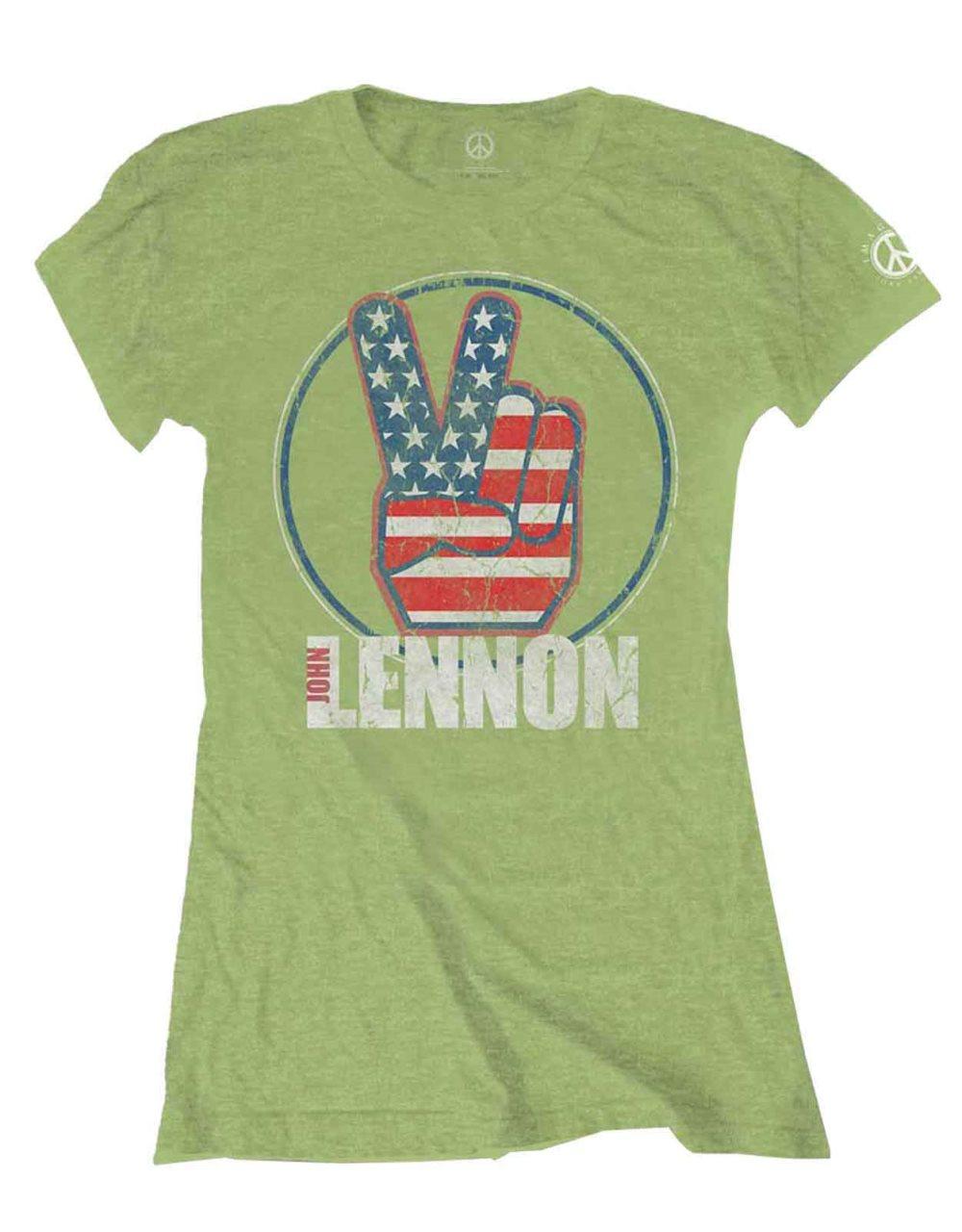 John Lennon T Shirt Peace Fingers US Flag Official Womens Skinny Fit Kiwi Green