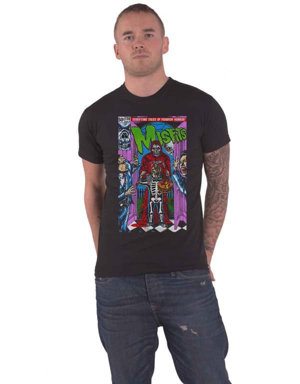 Misfits T Shirt Trick or Treat Comic Cover Band Logo Official Mens Black Black L