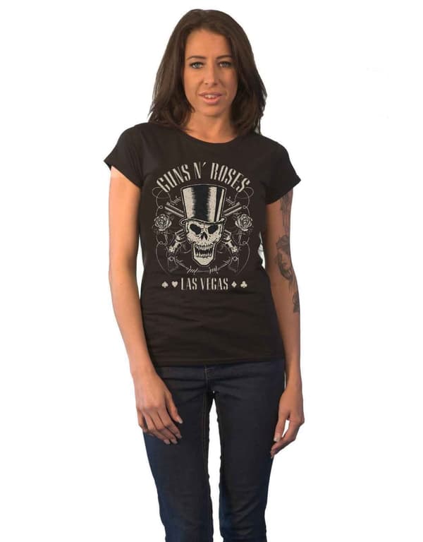 Guns N Roses T Shirt Top Hat Skull and Pistols Las Vegas Official Womens Black Black L