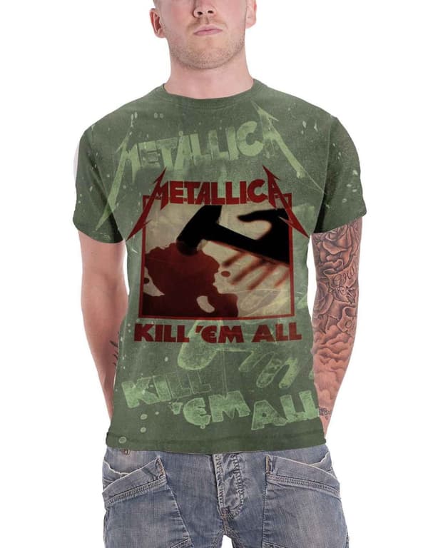 Metallica T Shirt Kill Em All Band Logo all over print Official Mens Green Green M