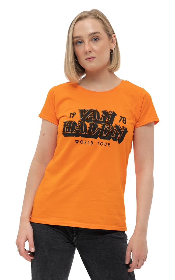 Van Halen T Shirt World Tour 78 Band Logo Official Womens Skinny Fit Orange