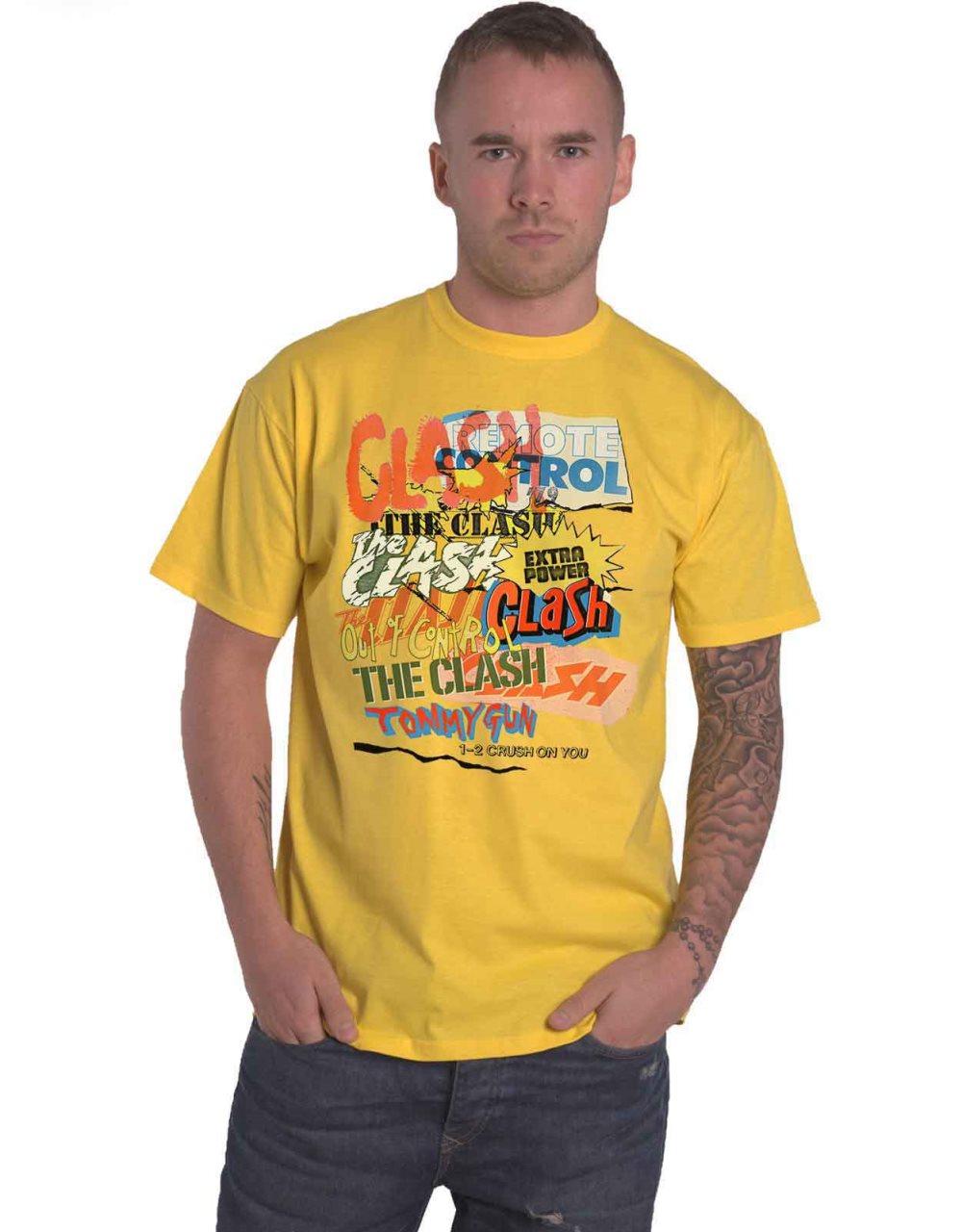 The Clash T Shirt Singles Collage Text Band Logo Official Mens Yellow