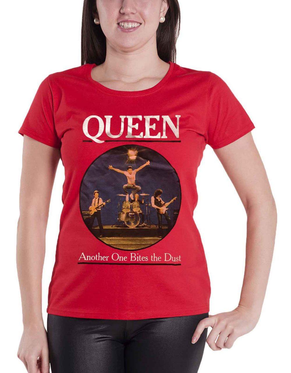 Queen T Shirt One Bites The Dust Band Logo Official Womens Skinny Fit Red