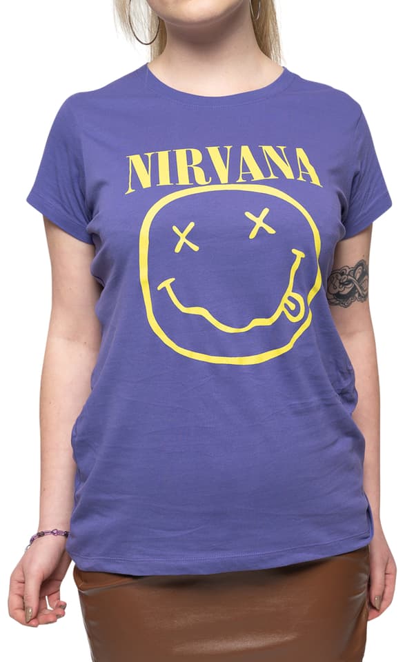 Nirvana T Shirt Yellow Smile Band Logo Official Womens Skinny Fit Purple