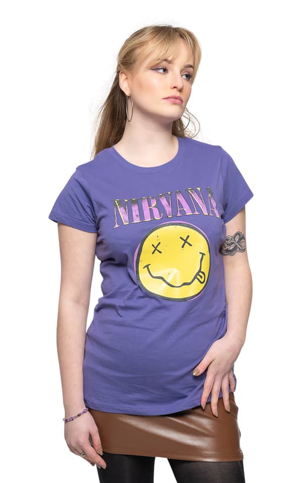 Nirvana T Shirt Smile Pink Band Logo Official Womens Skinny Fit Purple