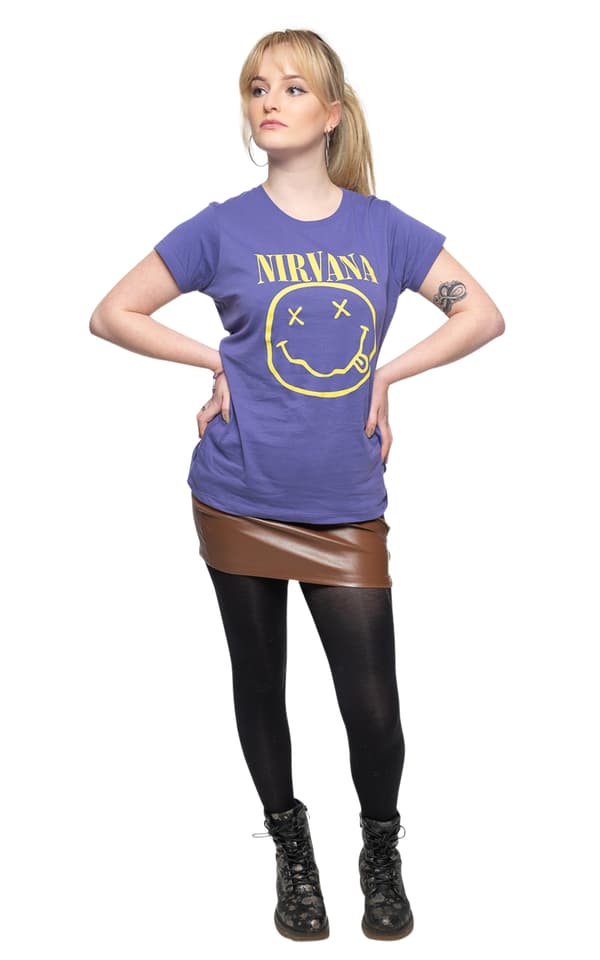 Nirvana T Shirt Yellow Smile Band Logo Official Womens Skinny Fit Purple