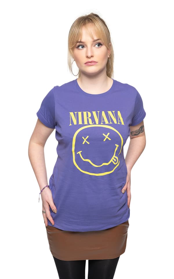 Nirvana T Shirt Yellow Smile Band Logo Official Womens Skinny Fit Purple