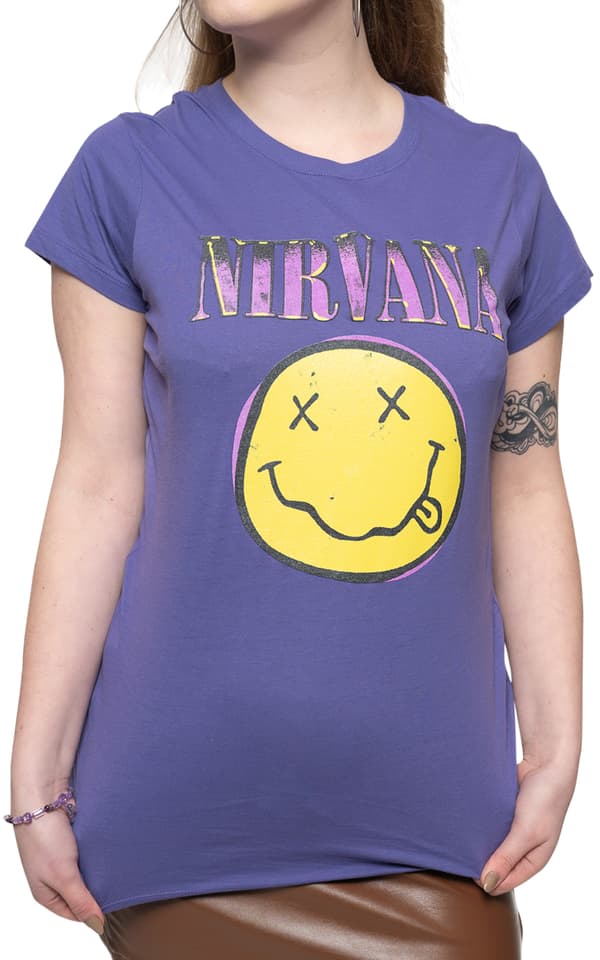 Nirvana T Shirt Smile Pink Band Logo Official Womens Skinny Fit Purple