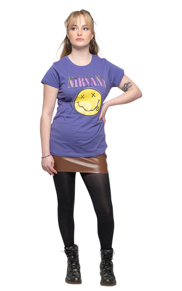 Nirvana T Shirt Smile Pink Band Logo Official Womens Skinny Fit Purple
