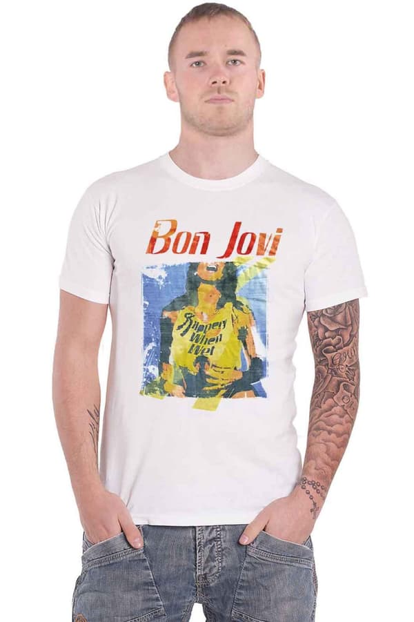 Bon Jovi T Shirt Slippery When Wet Original Cover Official Mens White White M