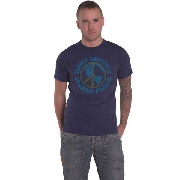 John Lennon T Shirt World Peace Vintage Logo Official Mens Navy Blue Navy L
