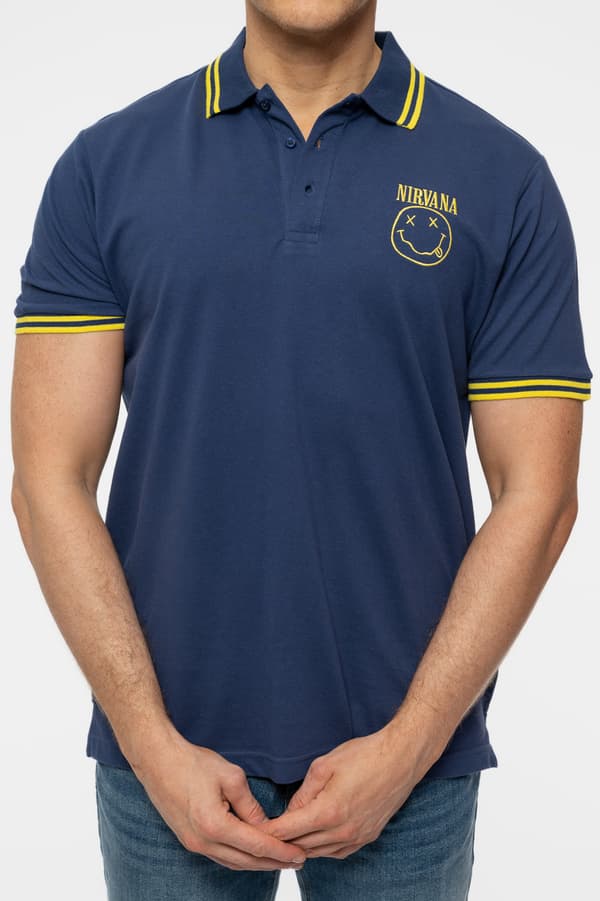 Nirvana Polo T Shirt Smile Face Band Logo Official Mens Navy Blue