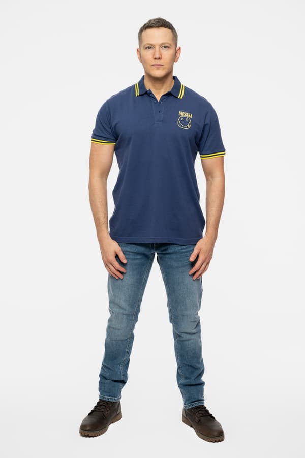 Nirvana Polo T Shirt Smile Face Band Logo Official Mens Navy Blue