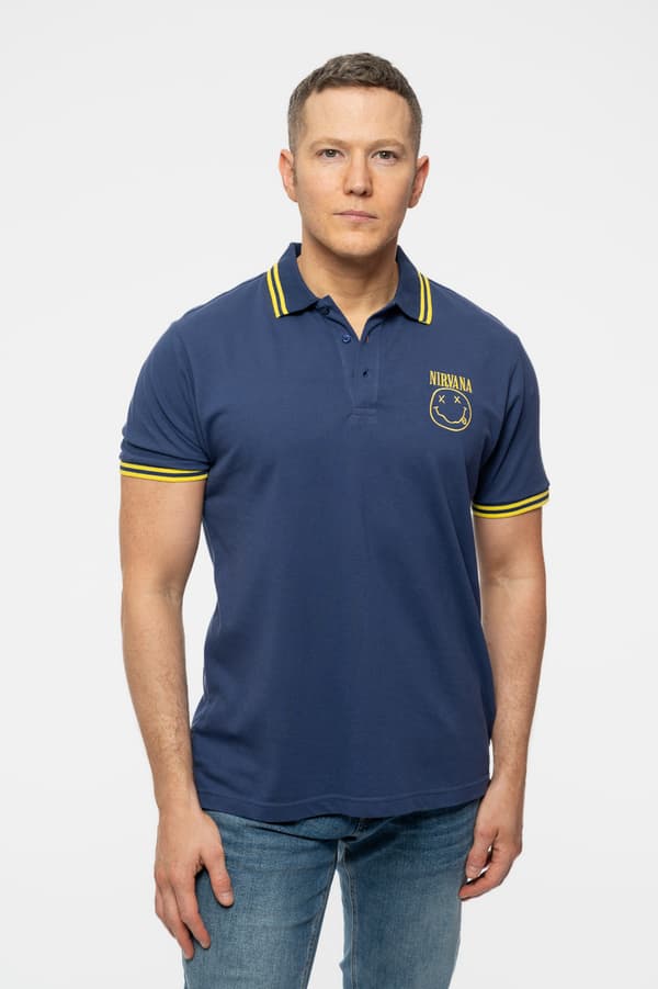 Nirvana Polo T Shirt Smile Face Band Logo Official Mens Navy Blue