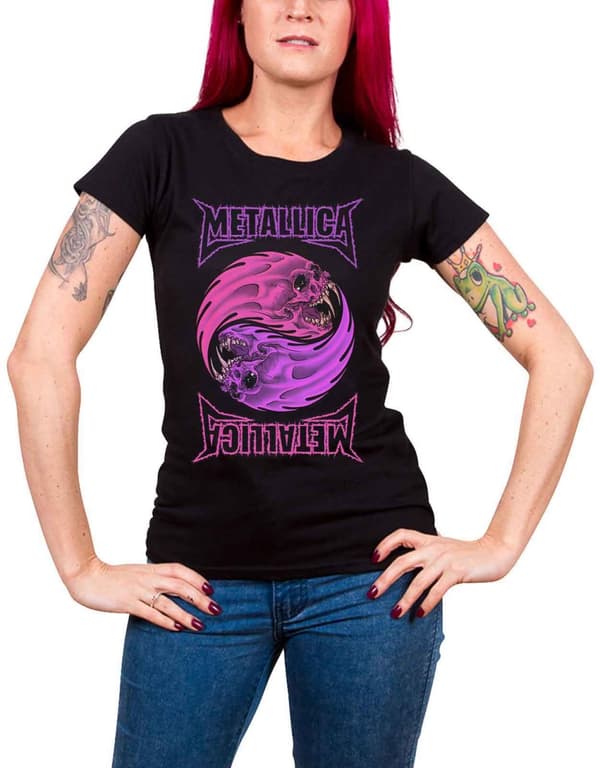 Metallica T Shirt Yin Yang Purple Band Logo Official Womens Skinny Fit Black Black S