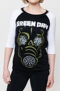 Miniatyrbild 2 av 2: Green Day T Shirt Green Mask Band Logo Official Black Raglan 3/4 Sleeve Womens