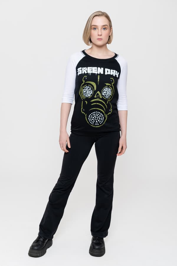 Green Day T Shirt Green Mask Band Logo Official Black Raglan 3/4 Sleeve Womens