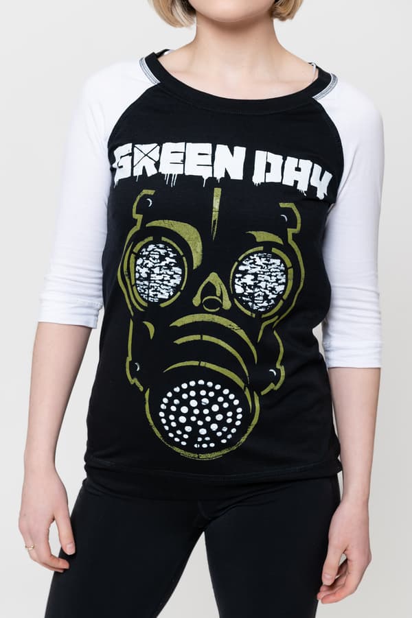 Green Day T Shirt Green Mask Band Logo Official Black Raglan 3/4 Sleeve Womens